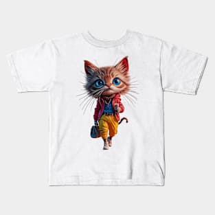 Street Style Cat with Coffee Design Kids T-Shirt